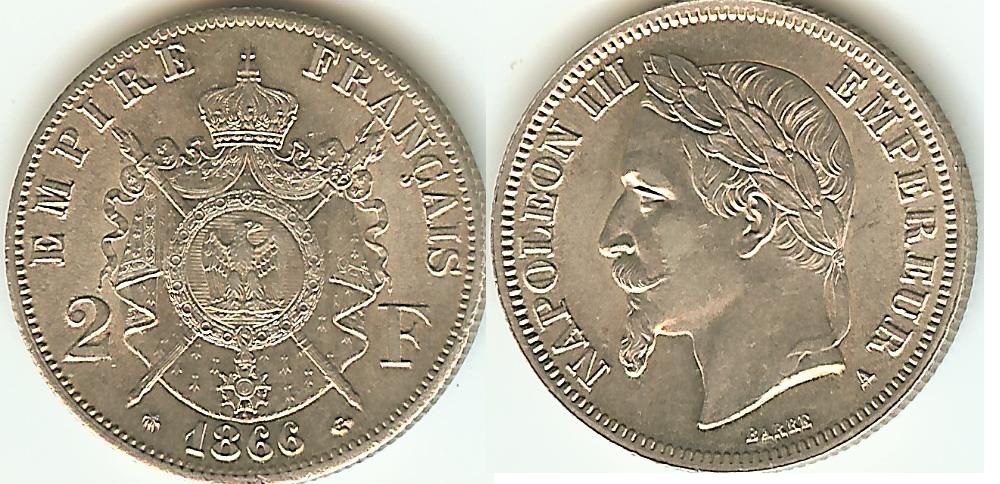 2 Francs Napoléon III 1866A Paris SUP+